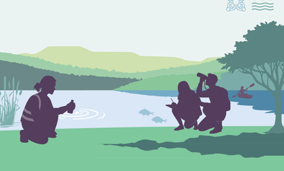 Illustration showing a lake with a few people doing citizen science to monitor the freshwater quality